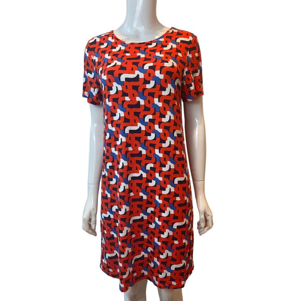 Felicity & Coco Womens Geometric Shift Dress Short Sleeve Round Neck Red Blue XS